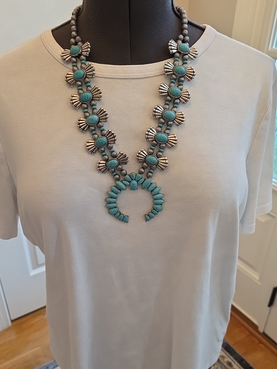no brand Jewelry - Southwestern Faux Turquoise Silver Tone Squash Blossom Statement Necklace